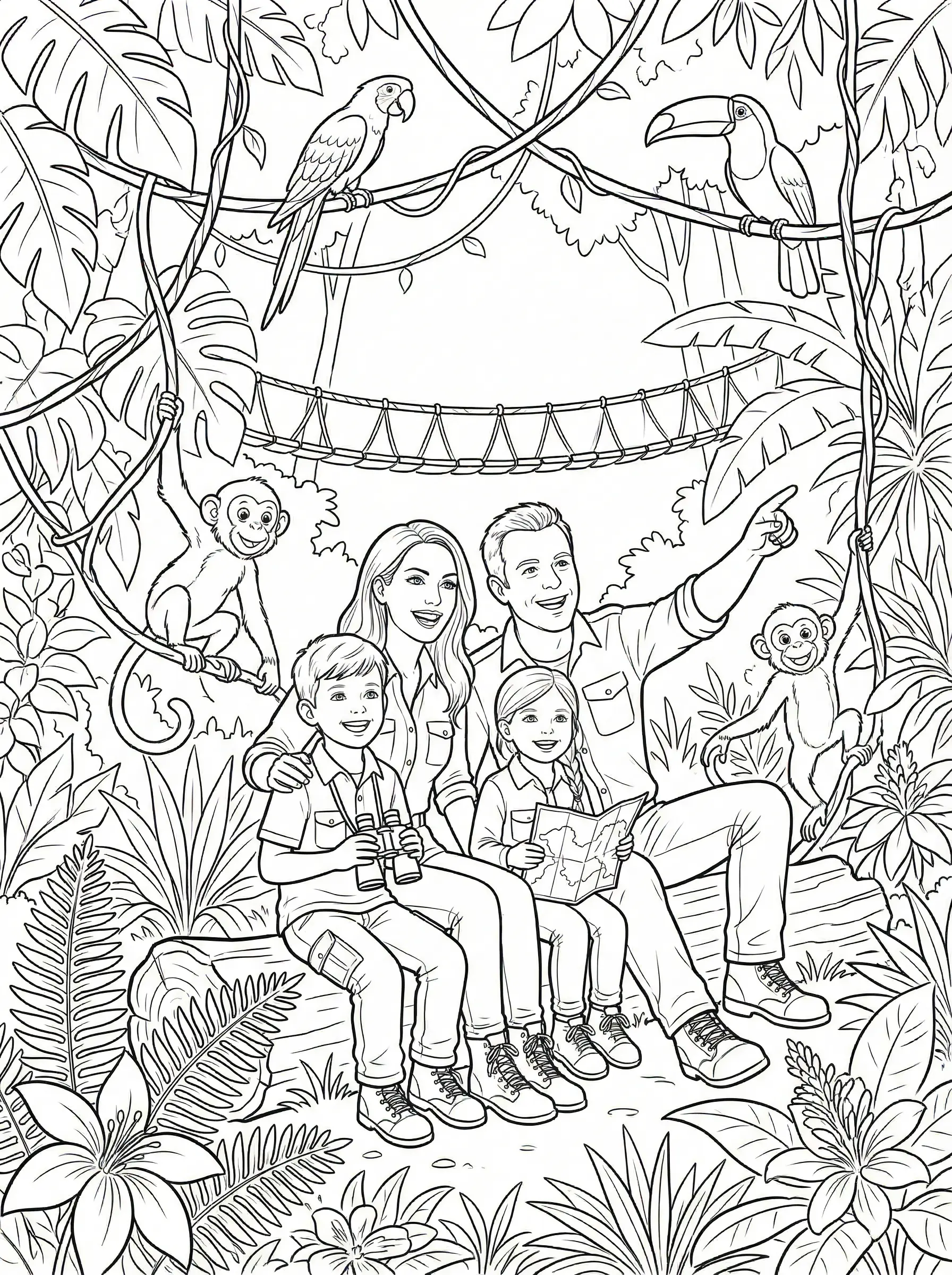 As jungle explorers - coloring page